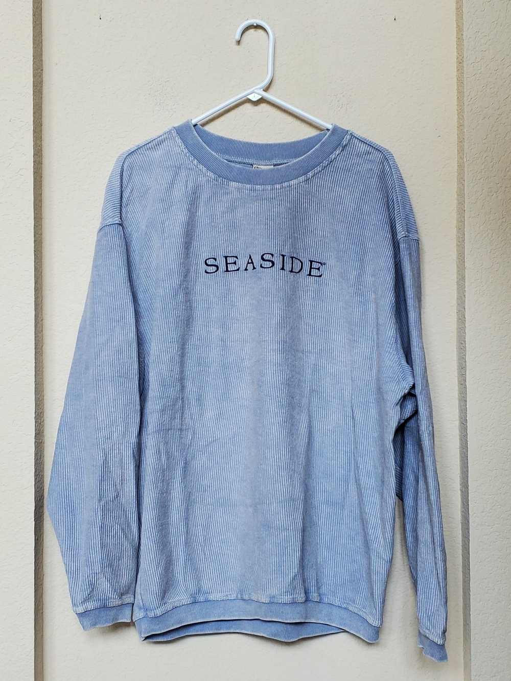 Seaside Embroidered Oversized Light Blue Corded Crewneck Sweatshirt.  Size Large